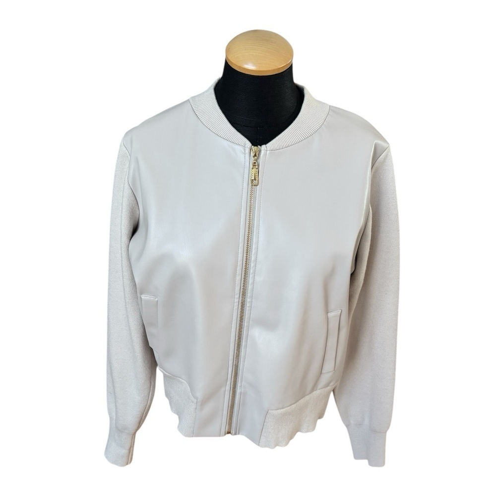 Sioni Faux Leather Knit Sleeve Bomber Jacket Ivory Cream Medium
